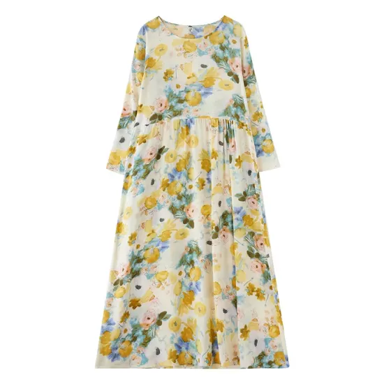 Flower Print Split-Joint Long Sleeves Loose Round-Neck Midi Dresses Flower Print Split-Joint Long Sleeves Loose Round-Neck Midi Dresses
