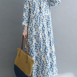 Flower Print Split-Joint Long Sleeves Loose Round-Neck Midi Dresses