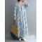 Flower Print Split-Joint Long Sleeves Loose Round-Neck Midi Dresses