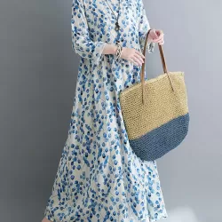 Flower Print Split-Joint Long Sleeves Loose Round-Neck Midi Dresses