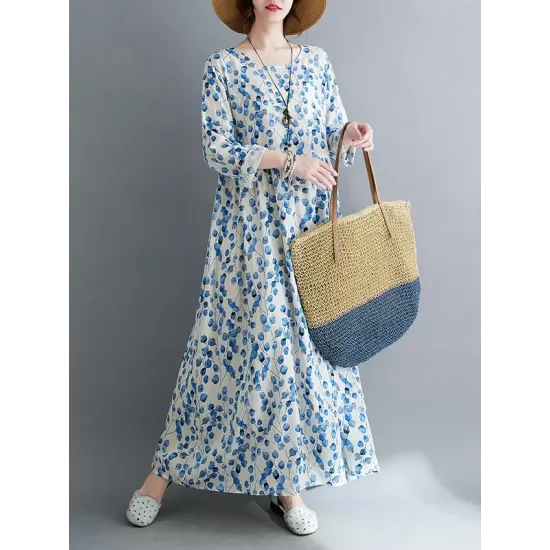 Flower Print Split-Joint Long Sleeves Loose Round-Neck Midi Dresses Flower Print Split-Joint Long Sleeves Loose Round-Neck Midi Dresses