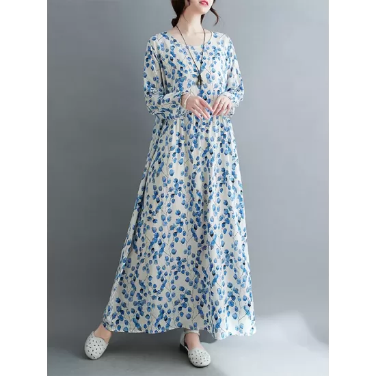 Flower Print Split-Joint Long Sleeves Loose Round-Neck Midi Dresses Flower Print Split-Joint Long Sleeves Loose Round-Neck Midi Dresses