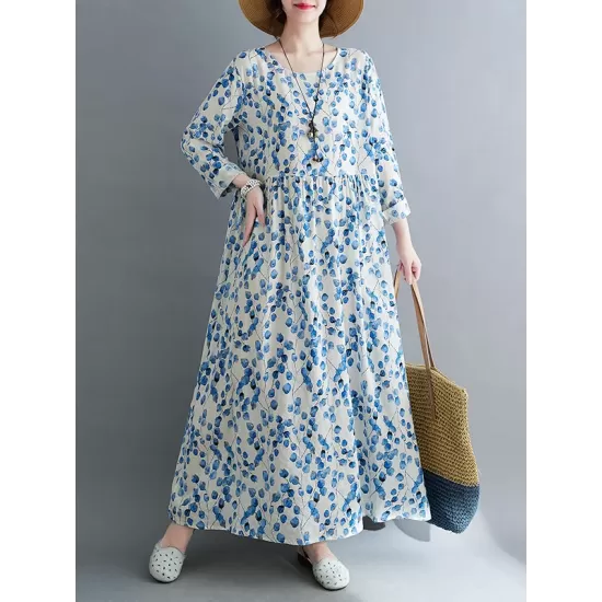 Flower Print Split-Joint Long Sleeves Loose Round-Neck Midi Dresses Flower Print Split-Joint Long Sleeves Loose Round-Neck Midi Dresses