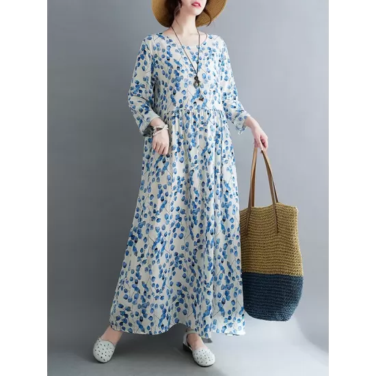 Flower Print Split-Joint Long Sleeves Loose Round-Neck Midi Dresses Flower Print Split-Joint Long Sleeves Loose Round-Neck Midi Dresses