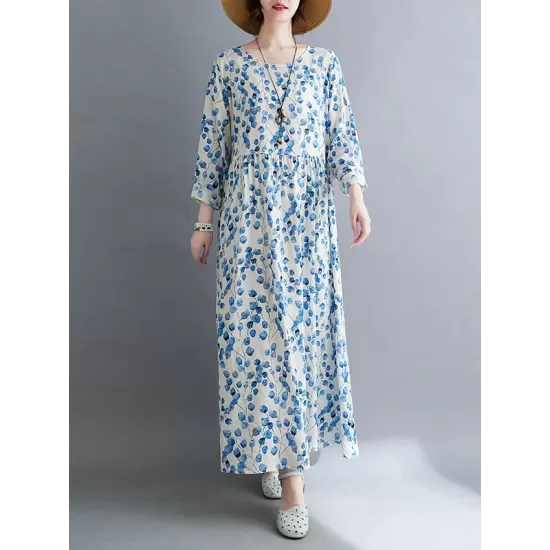 Flower Print Split-Joint Long Sleeves Loose Round-Neck Midi Dresses Flower Print Split-Joint Long Sleeves Loose Round-Neck Midi Dresses