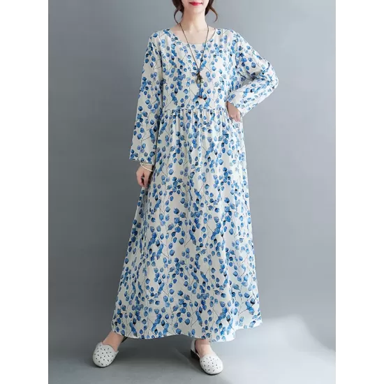 Flower Print Split-Joint Long Sleeves Loose Round-Neck Midi Dresses Flower Print Split-Joint Long Sleeves Loose Round-Neck Midi Dresses