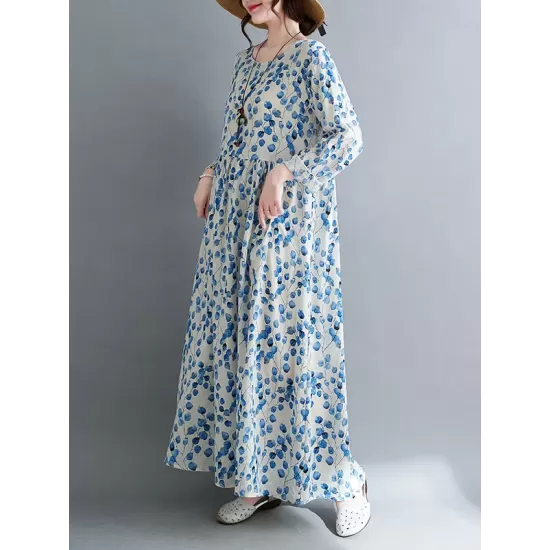 Flower Print Split-Joint Long Sleeves Loose Round-Neck Midi Dresses Flower Print Split-Joint Long Sleeves Loose Round-Neck Midi Dresses