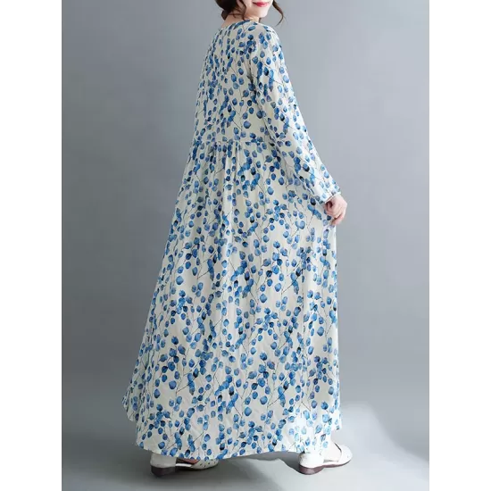 Flower Print Split-Joint Long Sleeves Loose Round-Neck Midi Dresses Flower Print Split-Joint Long Sleeves Loose Round-Neck Midi Dresses