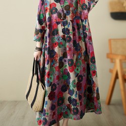Flower Print Pockets Split-Joint Long Sleeves Loose Round-Neck Midi Dresses