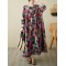 Flower Print Pockets Split-Joint Long Sleeves Loose Round-Neck Midi Dresses