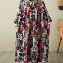 Flower Print Pockets Split-Joint Long Sleeves Loose Round-Neck Midi Dresses