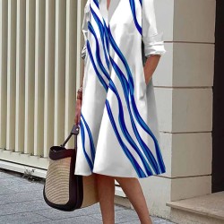 Loose Three-Quarter Sleeves Buttoned Striped Lapel Collar Midi Dresses