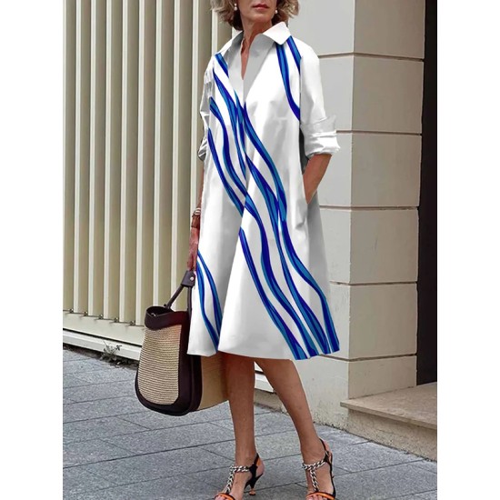 Loose Three-Quarter Sleeves Buttoned Striped Lapel Collar Midi Dresses Loose Three-Quarter Sleeves Buttoned Striped Lapel Collar Midi Dresses