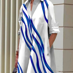 Loose Three-Quarter Sleeves Buttoned Striped Lapel Collar Midi Dresses