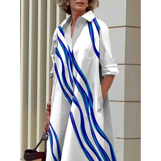 Loose Three-Quarter Sleeves Buttoned Striped Lapel Collar Midi Dresses Loose Three-Quarter Sleeves Buttoned Striped Lapel Collar Midi Dresses