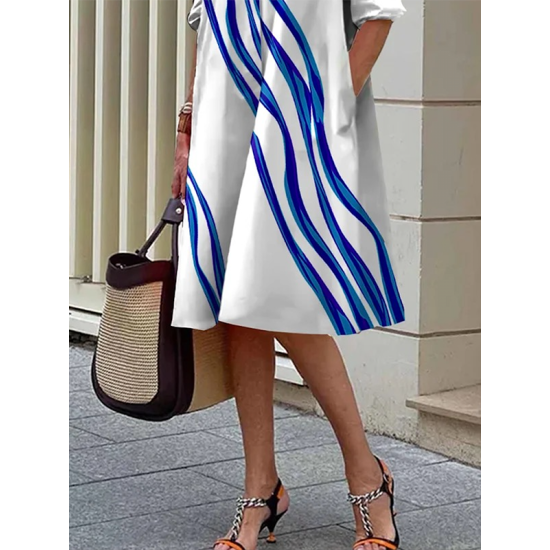 Loose Three-Quarter Sleeves Buttoned Striped Lapel Collar Midi Dresses Loose Three-Quarter Sleeves Buttoned Striped Lapel Collar Midi Dresses