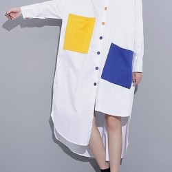 Long Sleeves Loose Asymmetric Buttoned Contrast Color Pockets Lapel Midi Dresses Shirt Dress
