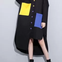 Long Sleeves Loose Asymmetric Buttoned Contrast Color Pockets Lapel Midi Dresses Shirt Dress
