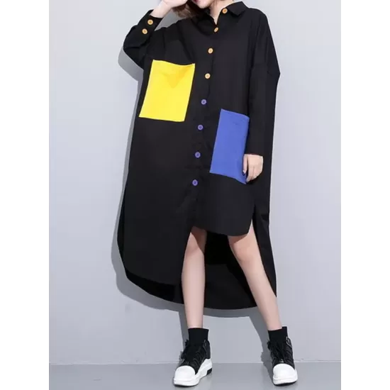 Long Sleeves Loose Asymmetric Buttoned Contrast Color Pockets Lapel Midi Dresses Shirt Dress Long Sleeves Loose Asymmetric Buttoned Contrast Color Pockets Lapel Midi Dresses Shirt Dress