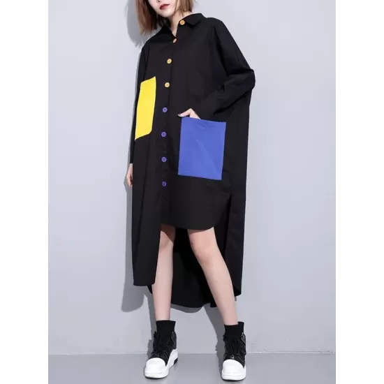 Long Sleeves Loose Asymmetric Buttoned Contrast Color Pockets Lapel Midi Dresses Shirt Dress Long Sleeves Loose Asymmetric Buttoned Contrast Color Pockets Lapel Midi Dresses Shirt Dress