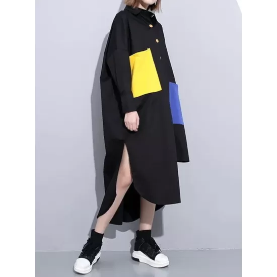 Long Sleeves Loose Asymmetric Buttoned Contrast Color Pockets Lapel Midi Dresses Shirt Dress Long Sleeves Loose Asymmetric Buttoned Contrast Color Pockets Lapel Midi Dresses Shirt Dress