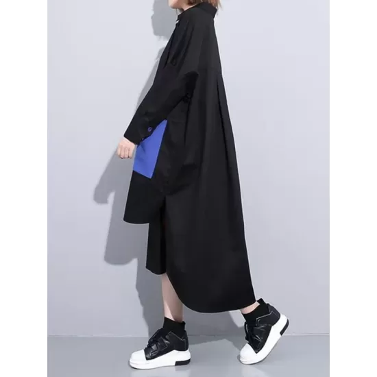 Long Sleeves Loose Asymmetric Buttoned Contrast Color Pockets Lapel Midi Dresses Shirt Dress Long Sleeves Loose Asymmetric Buttoned Contrast Color Pockets Lapel Midi Dresses Shirt Dress