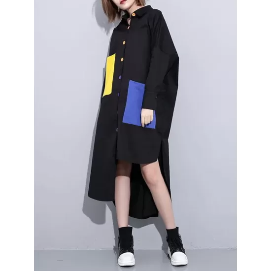 Long Sleeves Loose Asymmetric Buttoned Contrast Color Pockets Lapel Midi Dresses Shirt Dress Long Sleeves Loose Asymmetric Buttoned Contrast Color Pockets Lapel Midi Dresses Shirt Dress