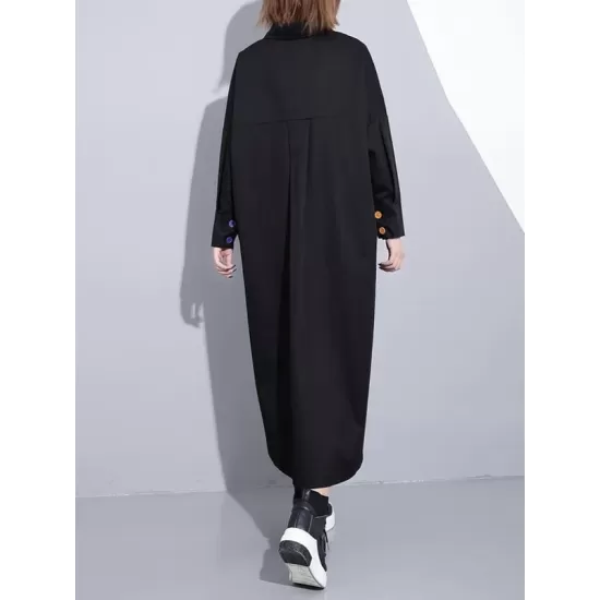 Long Sleeves Loose Asymmetric Buttoned Contrast Color Pockets Lapel Midi Dresses Shirt Dress Long Sleeves Loose Asymmetric Buttoned Contrast Color Pockets Lapel Midi Dresses Shirt Dress