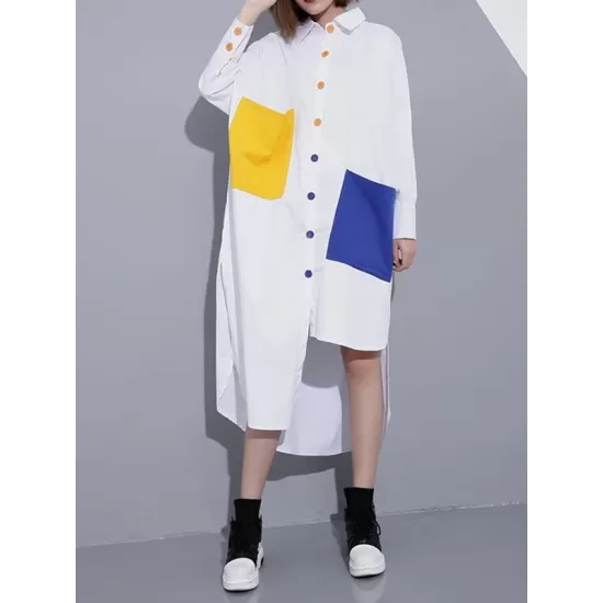 Long Sleeves Loose Asymmetric Buttoned Contrast Color Pockets Lapel Midi Dresses Shirt Dress Long Sleeves Loose Asymmetric Buttoned Contrast Color Pockets Lapel Midi Dresses Shirt Dress