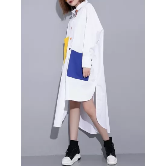 Long Sleeves Loose Asymmetric Buttoned Contrast Color Pockets Lapel Midi Dresses Shirt Dress Long Sleeves Loose Asymmetric Buttoned Contrast Color Pockets Lapel Midi Dresses Shirt Dress