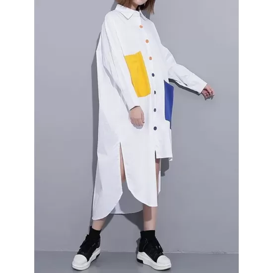 Long Sleeves Loose Asymmetric Buttoned Contrast Color Pockets Lapel Midi Dresses Shirt Dress Long Sleeves Loose Asymmetric Buttoned Contrast Color Pockets Lapel Midi Dresses Shirt Dress