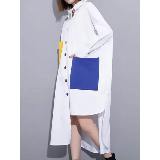 Long Sleeves Loose Asymmetric Buttoned Contrast Color Pockets Lapel Midi Dresses Shirt Dress Long Sleeves Loose Asymmetric Buttoned Contrast Color Pockets Lapel Midi Dresses Shirt Dress