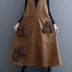 Flower-Embellished Split-Joint A-Line Loose V-Neck Midi Dresses