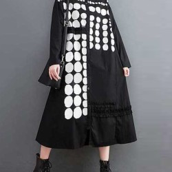 Asymmetric Buttoned Polka-Dot A-Line Long Sleeves Lapel Midi Dresses