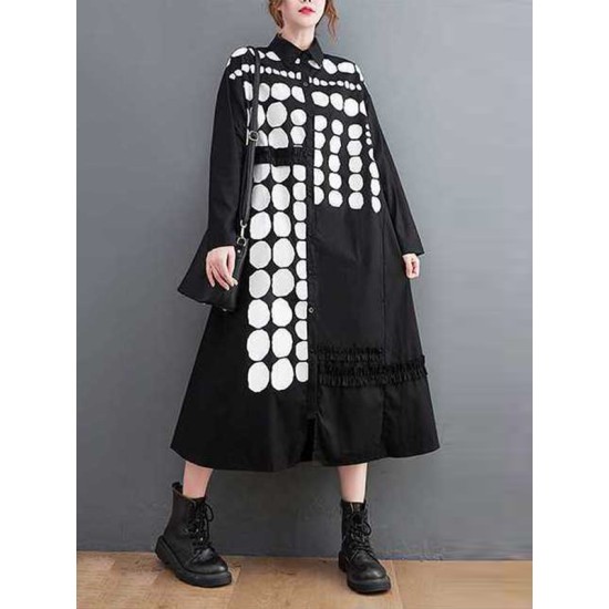 Asymmetric Buttoned Polka-Dot A-Line Long Sleeves Lapel Midi Dresses Asymmetric Buttoned Polka-Dot A-Line Long Sleeves Lapel Midi Dresses