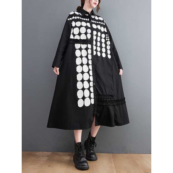 Asymmetric Buttoned Polka-Dot A-Line Long Sleeves Lapel Midi Dresses Asymmetric Buttoned Polka-Dot A-Line Long Sleeves Lapel Midi Dresses