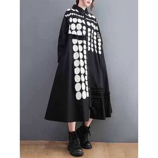Asymmetric Buttoned Polka-Dot A-Line Long Sleeves Lapel Midi Dresses Asymmetric Buttoned Polka-Dot A-Line Long Sleeves Lapel Midi Dresses
