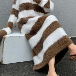Striped Long Sleeves Loose V-Neck Midi Dresses Knit Dresses