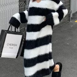 Striped Long Sleeves Loose V-Neck Midi Dresses Knit Dresses