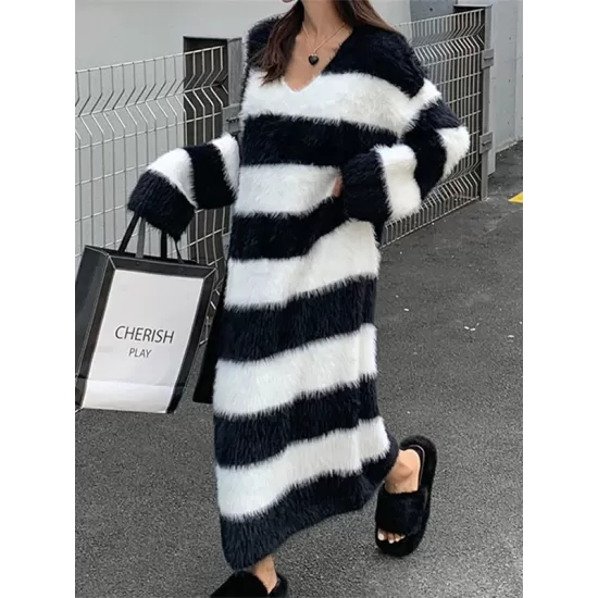 Striped Long Sleeves Loose V-Neck Midi Dresses Knit Dresses Striped Long Sleeves Loose V-Neck Midi Dresses Knit Dresses