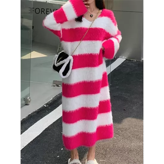 Striped Long Sleeves Loose V-Neck Midi Dresses Knit Dresses Striped Long Sleeves Loose V-Neck Midi Dresses Knit Dresses