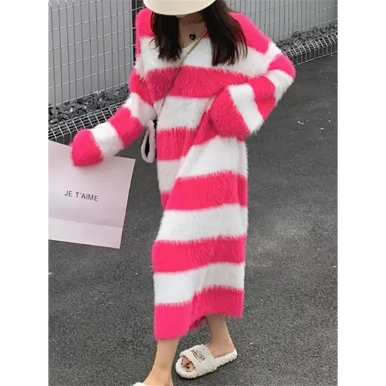 Striped Long Sleeves Loose V-Neck Midi Dresses Knit Dresses Striped Long Sleeves Loose V-Neck Midi Dresses Knit Dresses