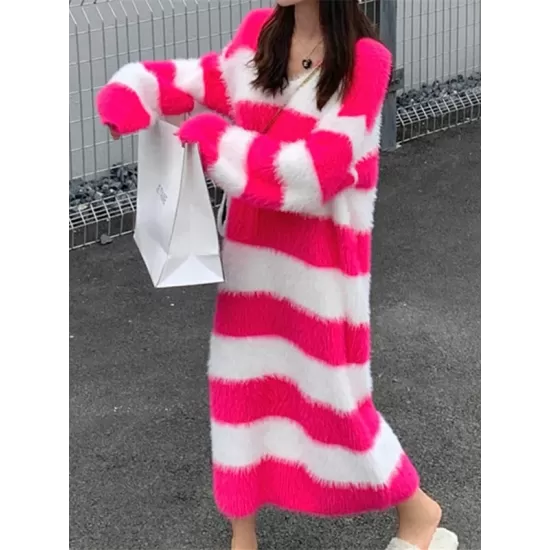 Striped Long Sleeves Loose V-Neck Midi Dresses Knit Dresses Striped Long Sleeves Loose V-Neck Midi Dresses Knit Dresses