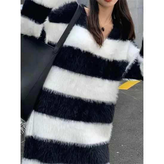 Striped Long Sleeves Loose V-Neck Midi Dresses Knit Dresses Striped Long Sleeves Loose V-Neck Midi Dresses Knit Dresses