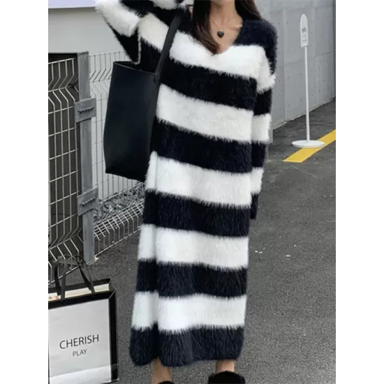 Striped Long Sleeves Loose V-Neck Midi Dresses Knit Dresses Striped Long Sleeves Loose V-Neck Midi Dresses Knit Dresses