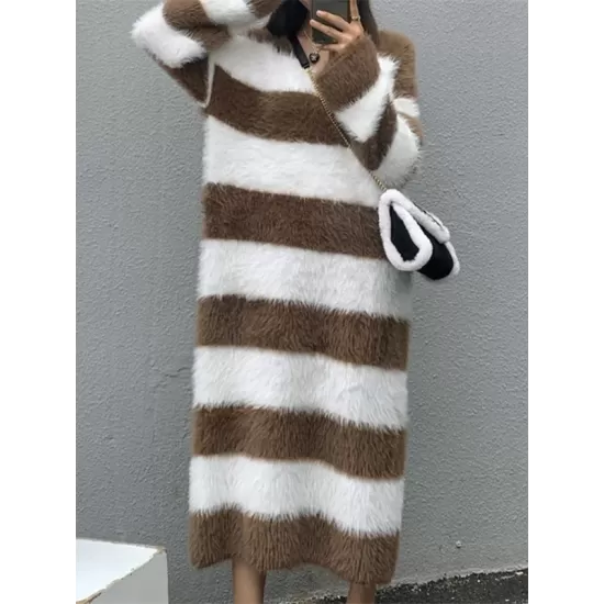 Striped Long Sleeves Loose V-Neck Midi Dresses Knit Dresses Striped Long Sleeves Loose V-Neck Midi Dresses Knit Dresses