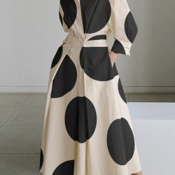 Long Sleeves Loose Contrast Color Pleated Polka-Dot Tied Waist Lapel Shirt Dress