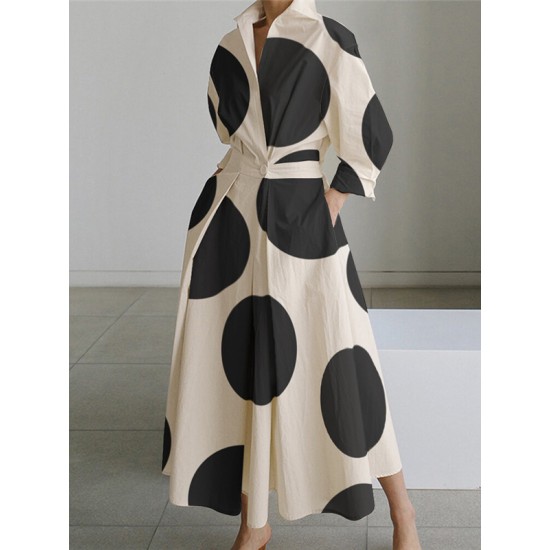 Long Sleeves Loose Contrast Color Pleated Polka-Dot Tied Waist Lapel Shirt Dress Long Sleeves Loose Contrast Color Pleated Polka-Dot Tied Waist Lapel Shirt Dress