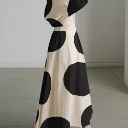 Long Sleeves Loose Contrast Color Pleated Polka-Dot Tied Waist Lapel Shirt Dress
