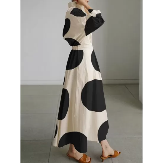 Long Sleeves Loose Contrast Color Pleated Polka-Dot Tied Waist Lapel Shirt Dress Long Sleeves Loose Contrast Color Pleated Polka-Dot Tied Waist Lapel Shirt Dress